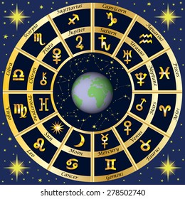 Zodiac Signs, Zodiac constellations and planets rulers. Vector illustration.