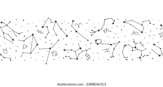 Zodiac signs constellations seamless pattern, astrological forecast, horoscope signs, magic repeating print of stars. Constellations of black stars vector illustration on white