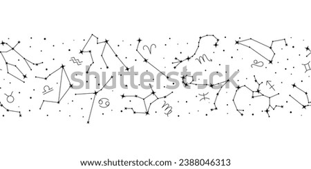 Zodiac signs constellations seamless pattern, astrological forecast, horoscope signs, magic repeating print of stars. Constellations of black stars vector illustration on white