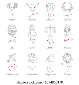 Zodiac signs with constellations set. Hand drawn vector illustration.