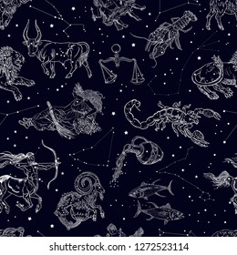Zodiac signs, constellations and stars seamless pattern. Aries, Taurus, Gemini, Cancer, Leo, Virgo, Libra, Scorpio, Sagittarius, Capricorn, Aquarius, Pisces. Horoscope symbols on a space background.