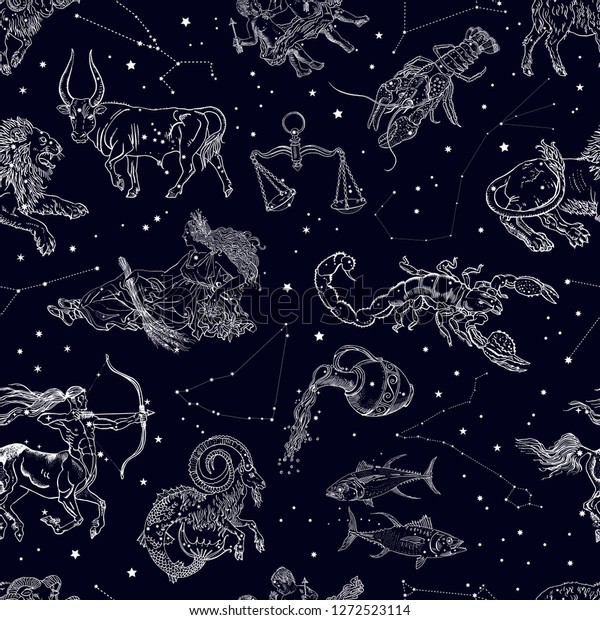 Zodiac Signs Constellations Stars Seamless Pattern Stock Vector ...