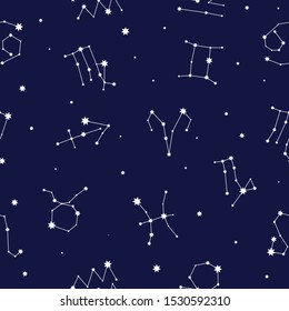 Zodiac signs constellations style pictograms pattern. Cosmic space and stars. Zodiacs constellations pattern