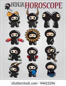 Zodiac signs with cute black ninja characters, vector
