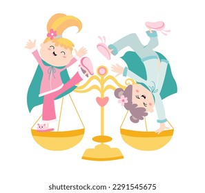 
Zodiac signs cute illustration flat.
Funny little girls like Libra astrological sign. Colorful vector baby illustration isolated on white background.
Astrological symbol as a cartoon character