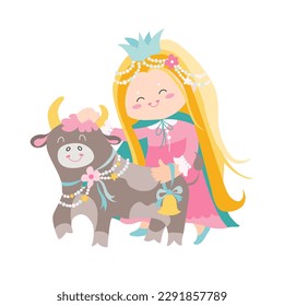Zodiac signs cute illustration flat.
little princess with calf like Taurus astrological sign. Colorful vector baby illustration isolated on white background. Astrological symbol as a cartoon character