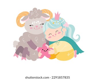 Zodiac signs cute illustration flat.
little princess with sheep like Aries astrological sign.
Colorful vector baby illustration isolated on white background.
Astrological symbol as a cartoon character