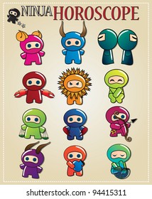 Zodiac signs with cute ninja characters in different colors, vector