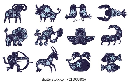 Zodiac signs. Decorative astrological symbol stickers. Hand drawn silhouettes patterned icons. Cartoon freehand zodiacal animals with floral elements. Vector isolated