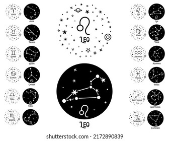 Diseño de signos zodiacales con constelaciones. Conjunto de símbolos de silueta redonda monocromática. Concepto de diseño de vectores con nombres de signos astrológicos zodiacos. Icono del horóscopo.