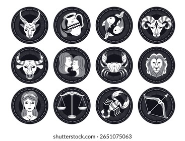Símbolos do zodíaco desenhando conjunto de clipes de círculo. Coleção de horóscopo zodíaco pictograma clip art em círculo redondo coleção para elementos de símbolo astronômico ilustração vetorial. 
