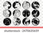 Zodiac signs for drawing up horoscope and predicting person future character. Round zodiac symbols with mythological creatures and animals near starry sky and universe. Hand drawn doodle