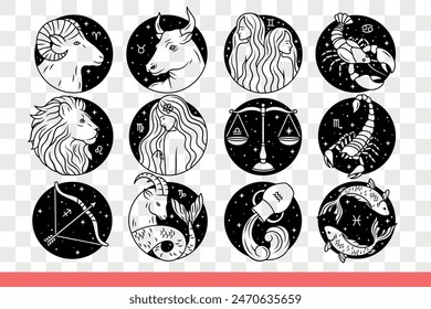 Zodiac signs for drawing up horoscope and predicting person future character. Round zodiac symbols with mythological creatures and animals near starry sky and universe. Hand drawn doodle