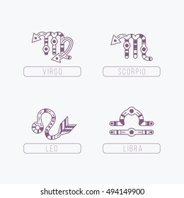 Zodiac Signs with Ethnic patterns. Geometric and aztec decor elements.