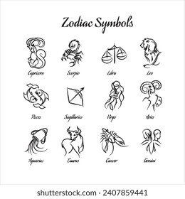 zodiac signs in fine lettering, black silhouettes on white background, vector image