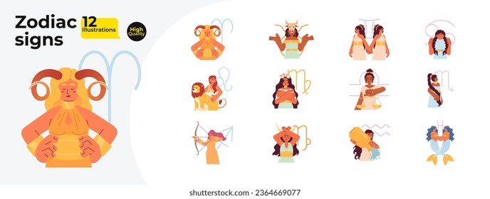 Zodiac signs flat concept vector spot illustrations bundle. Woman horoscope symbols 2D cartoon characters on white for web UI design. Astrology isolated editable creative hero images collection