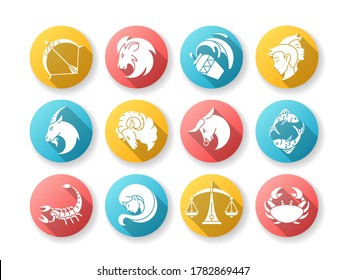 Zodiac signs flat design long shadow glyph icons set. Twelve horoscope for fortune telling. Astrology and future prediction. Different birth signs Silhouette RGB color illustration