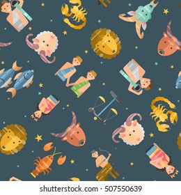 Zodiac signs flat seamless pattern of horoscope symbols star collection