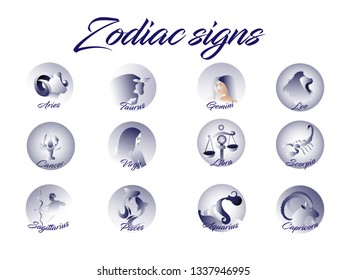 Zodiac signs flat set. Collection of horoscope logo vector illustration. Astrology icons: Leo, Virgo, Scorpio, Libra, Aquarius, Sagittarius, Pisces, Capricorn, Taurus, Aries, Gemini, Cancer. Isolated