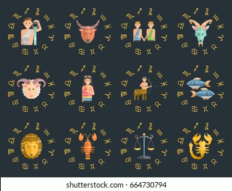 Zodiac signs flat set of horoscope symbols star collection astrology ascendant figure nativity vector astrological calendar illustration