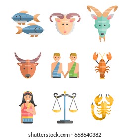 Zodiac signs flat set of horoscope symbols star collection astrology ascendant figure nativity vector astrological calendar illustration