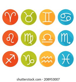 Zodiac signs in flat style, colorful round icons, vector