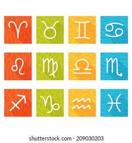 Zodiac signs in flat style with the pattern, colorful square icons, vector