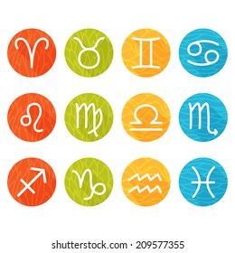 Zodiac signs in flat style with the pattern, colorful round icons, vector