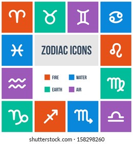 Zodiac signs in flat style. Set of colorful square icons.  Vector illustration.