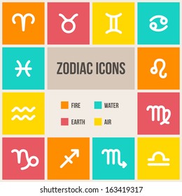 Zodiac signs in flat style. Set of colorful square icons.  Vector illustration.