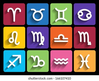 Zodiac signs in flat style. Set of colorful square icons