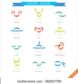Zodiac signs  in flat style. Set of colorful icons. Vector esp10 template. Can be used for web, print design, t-shirt, card, banner, poster, label, icons, bookmarks, other elements.