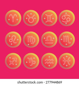 Zodiac signs. Flat thin set of simple round zodiac icons on color background - for web and print. Vector illustration