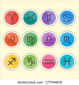 Zodiac signs. Flat thin set of simple round zodiac icons on color background - for web and print. Vector illustration