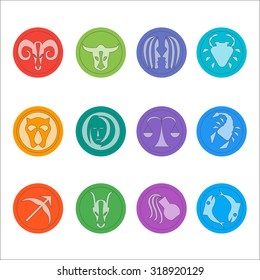 Zodiac signs. Flat thin set of simple round zodiac icons on color background - for web and print. Vector illustration