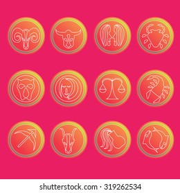 Zodiac signs. Flat thin set of simple round zodiac icons on color background - for web and print. Vector illustration