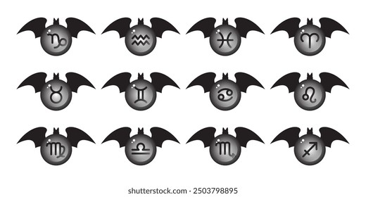 Zodiac signs in the form of a bats. Astrology, Space, horoscope. Set of isolated vector illustrations for Halloween