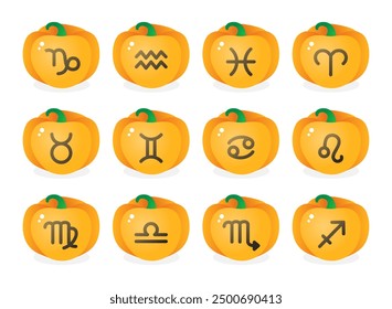 Zodiac signs in the form of a pumpkin. Astrology, Space, horoscope. Set of isolated vector illustrations for Halloween