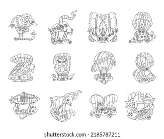 Zodiac Signs in the form of steampunk-style airships. Zodiac set of astrological elements in steampunk style drawn in linear doodle style. Fancy illustration for a calendar or coloring book. 