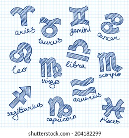 Zodiac signs. Full set. Vector. Notebook pen doodle.