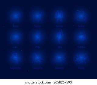 Zodiac signs with galaxy stars background, Astrology horoscope with signs. Aries, taurus, gemini ,cancer,leo, virgo, libra, scorpio, sagittarius, capricorn, aquarius , pisces, vector symbols.