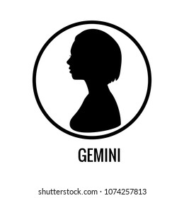 Zodiac signs Gemini. Black Silhouettes of a girl with a hairstyle side view. Horoscope symbols in a round bright frame with inscriptions. Vector illustration isolated on white background.