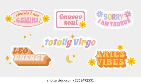 Zodiac signs. Gemini, Cancer, Taurus, Leo, Virgo, Aries. Funny stickers. Vector