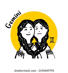 Zodiac signs Gemini comic face and character of people in style of doodles for avatar in yellow circle