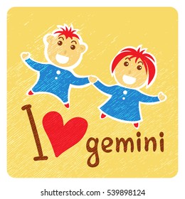 Zodiac signs Gemini with heart isolated on grunge background. Cartoon funny characters. Design elements for greeting cards or flyers.
