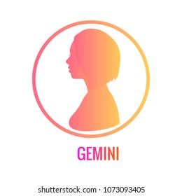 Zodiac signs Gemini. Silhouettes of a girl with a hairstyle side view. Horoscope symbols in a round bright frame with inscriptions. Vector illustration isolated on white background.