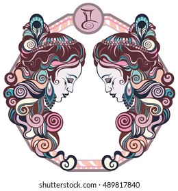 Zodiac signs Gemini. Vector illustration of the girl.