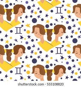 Zodiac signs Gemini. Vector illustration of cute girl. Pattern with girl face, sign and star