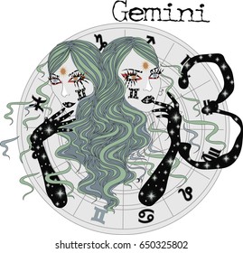 Zodiac signs Gemini  -  Vector illustration of the twins girls with long blue hair -  Astrology, zodiac sign.  Twins girls 