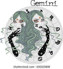 Zodiac signs Gemini  -  Vector illustration of the twins girls with long blue hair -  Astrology, zodiac sign.  Twins girls 